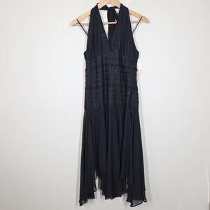 Vtg 90s Y2K Black Handkerchief Asymmetrical Hem Halter Dress Sequins Fairy Vamp